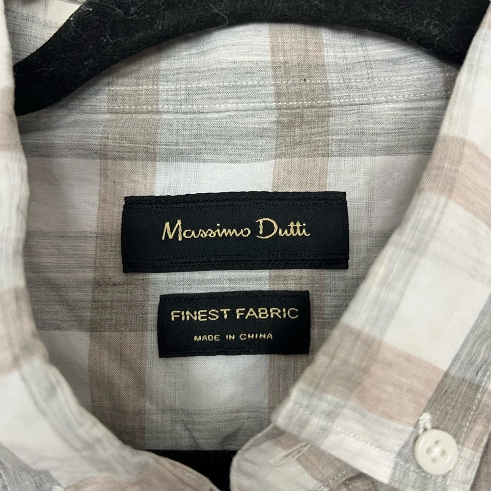 Massimo Dutti Finest Fabric Button Down Shirt Large Brown Grey White Plaid - Picture 2 of 4